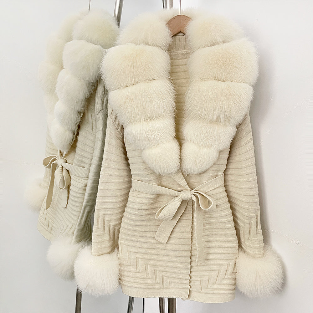 OFTBUY Belted Waist Striped Texture Pockets New Women's Knit Coat with Large Real Fox Fur Collar Winter Luxury Elegant Outerwear