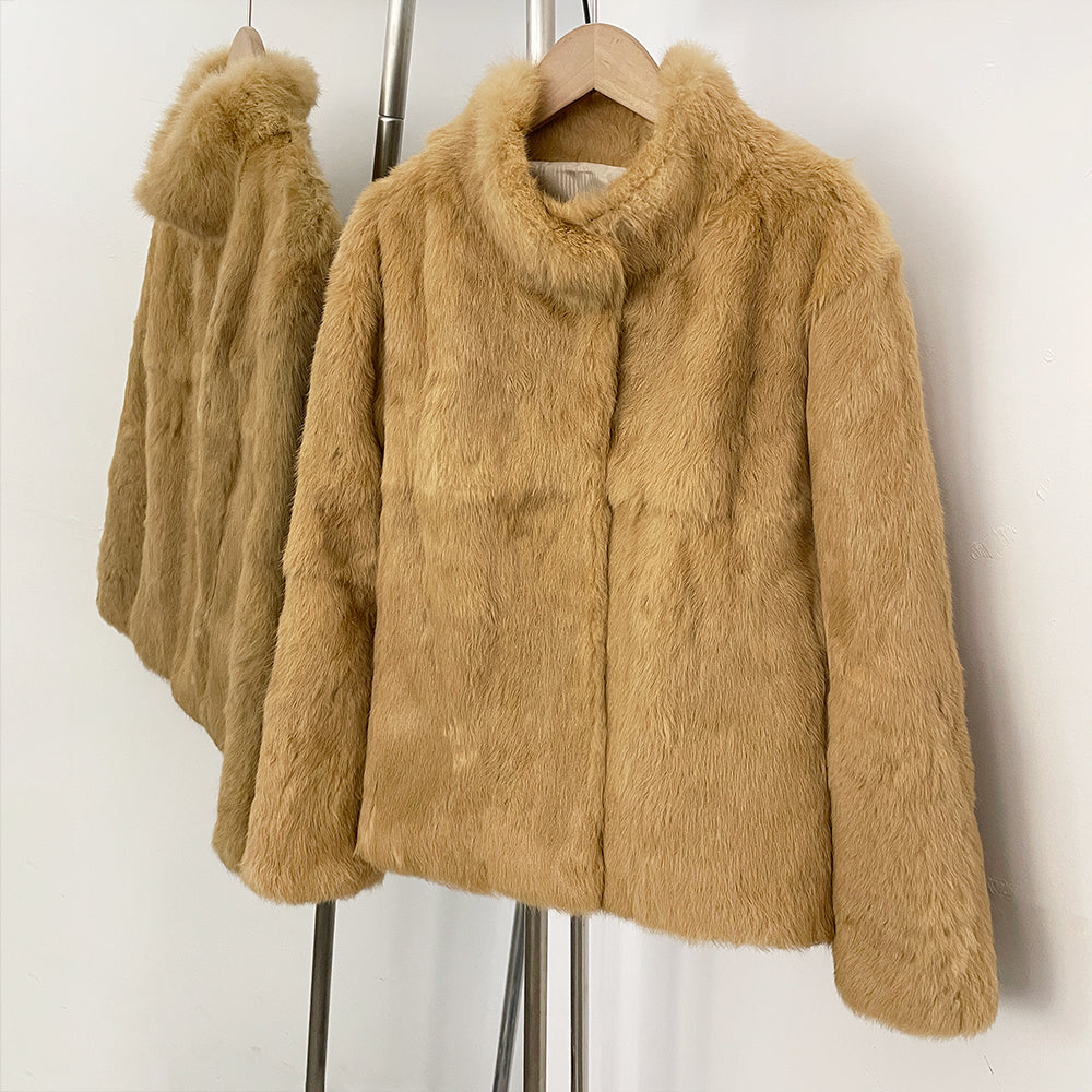 OFTBUY Women's Real Rabbit Fur Coat Luxury Camel Fur Jacket with Stand Collar New Warm Autumn Winter Clothes Female Outerwear