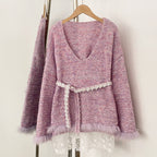OFTBUY New Spring Autumn Top Knitted Clothes Women Loose Ribbon Knitwear Coat Real Fox Fur Lace Pullovers Sweater Jacket Female
