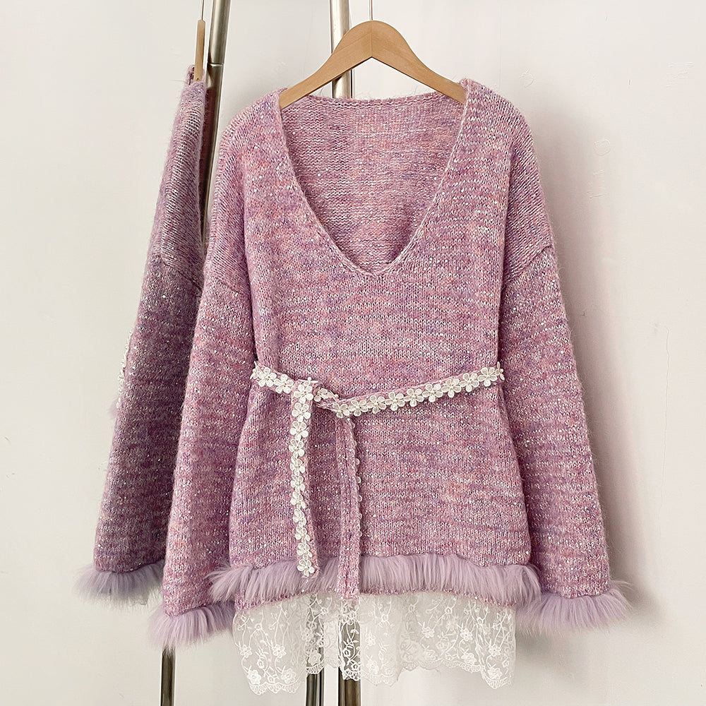 OFTBUY New Spring Autumn Top Knitted Clothes Women Loose Ribbon Knitwear Coat Real Fox Fur Lace Pullovers Sweater Jacket Female