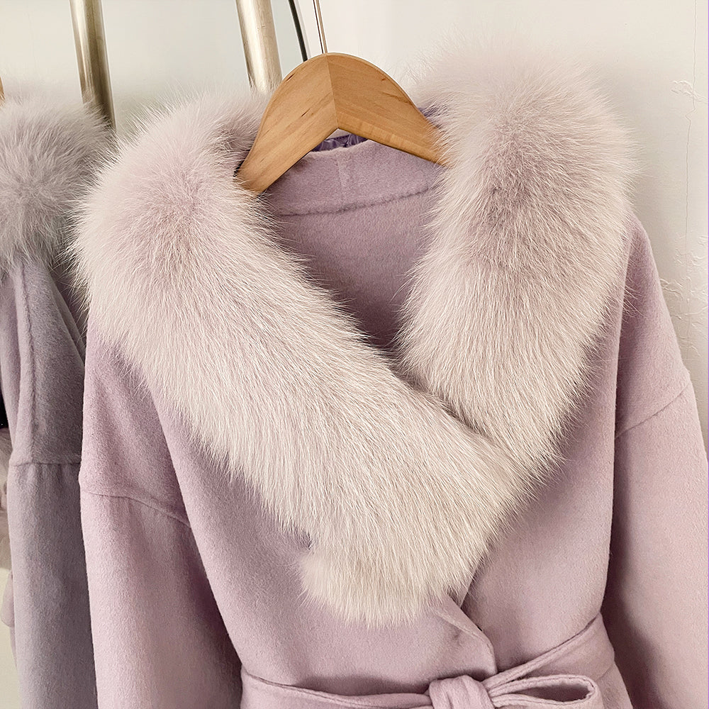 OFTBUY Purple Elegant Double-sided Wool Coat New Autumn Winter Clothes Women Real Fox Fur Scarf Collar Belt Wool Jacket Female