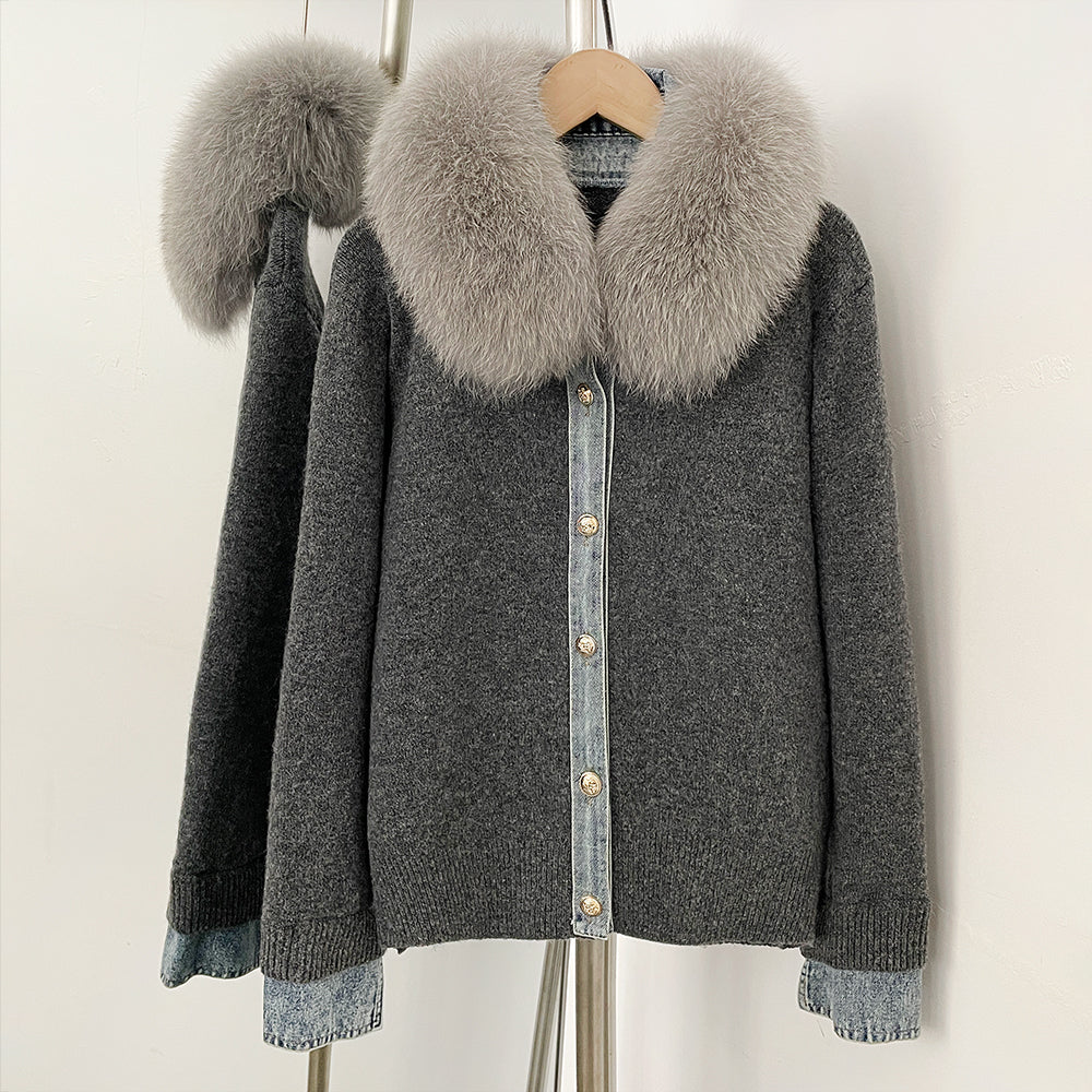 OFTBUY Denim Trim Warm Autumn Winter Fashion Outerwear Sweater Female New Women's Knit Cardigan with Large Real Fox Fur Collar