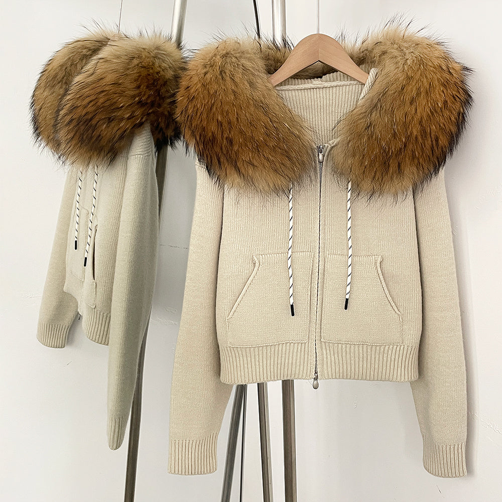 OFTBUY New Women's Beige Knit Hoodie with Large Real Fox Fur Trim Zipper Pockets Warm Winter Fashion Casual Outerwear Lady
