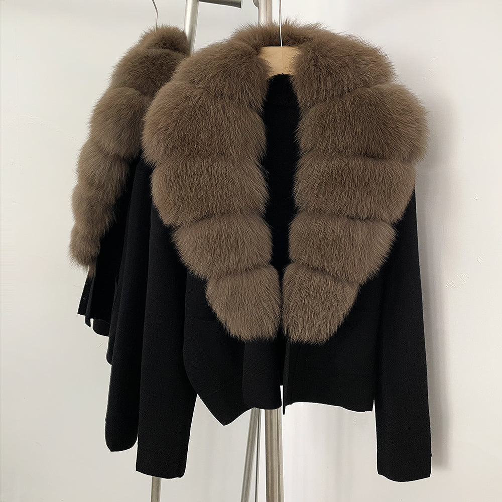 OFTBUY New Women's Knit Cardigan with Large Real Fox Fur Collar Loose Fit Warm Winter Fashion Lady Outerwear Sweater Female