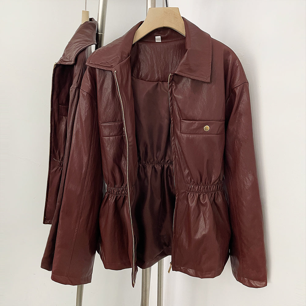 OFTBUY New Women's Faux Leather Jacket Lapel Collar Zipper Elastic Waist Pockets Elegant Fashion Outerwear Vintage Coat Female