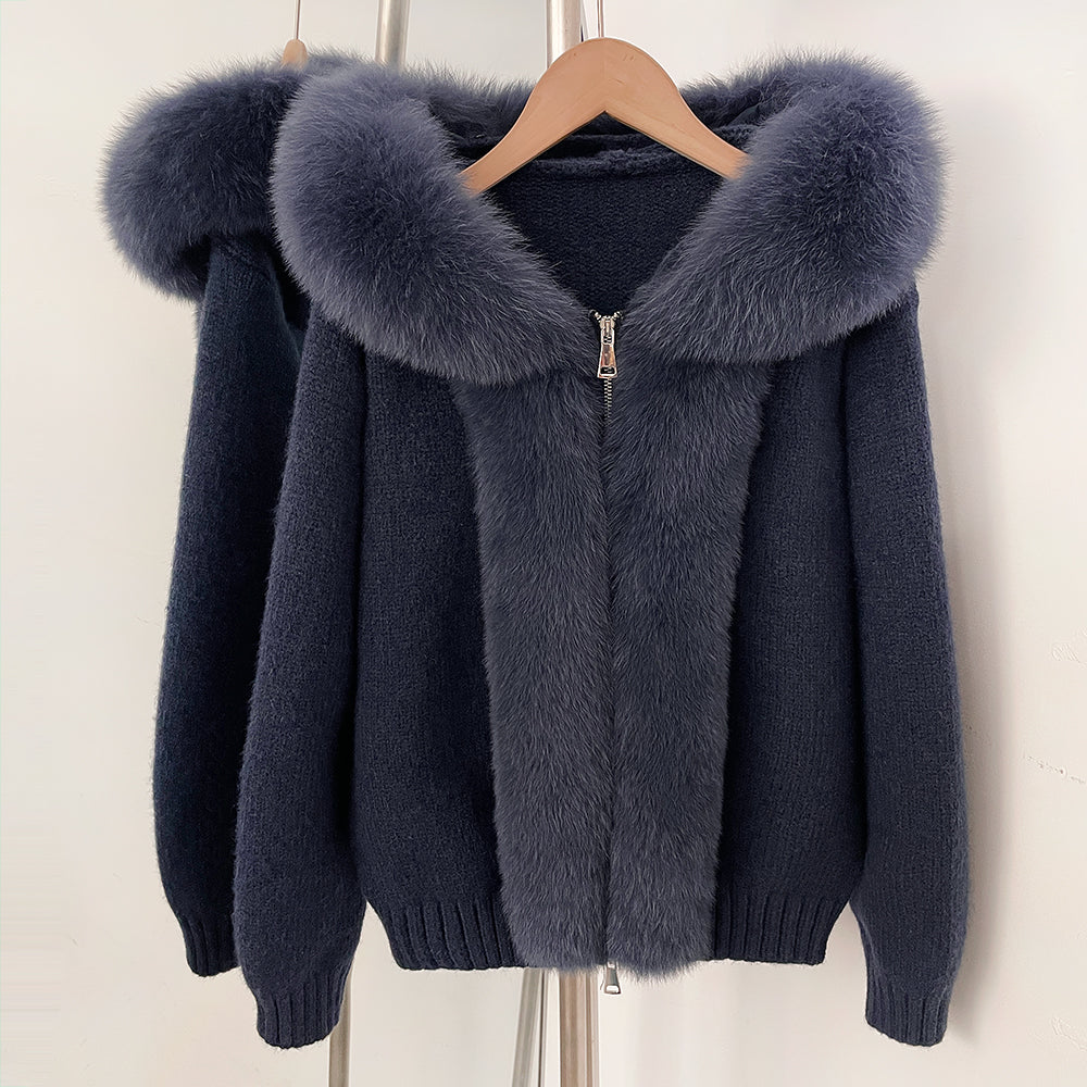OFTBUY Luxury Viscose Blend Knitted Jacket with Real Fox Fur Hood & Trim - Premium Zip-Up Sweater with Oversized Fur Collar