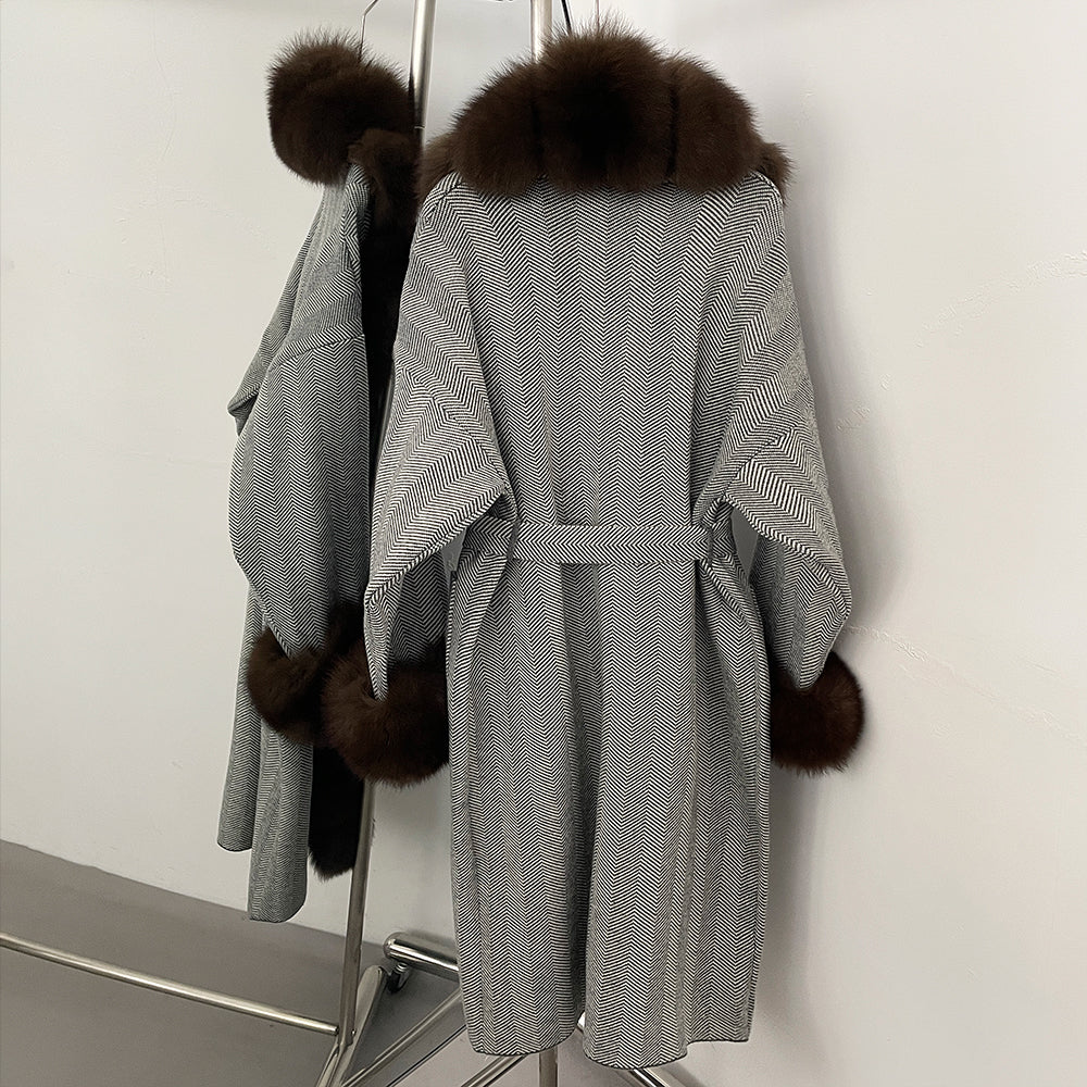 OFTBUY Trim Belted Warm Winter Coat Elegant Fashion Outerwear Female Long Sweater New Women's Knit Coat with Full Real Fox Fur