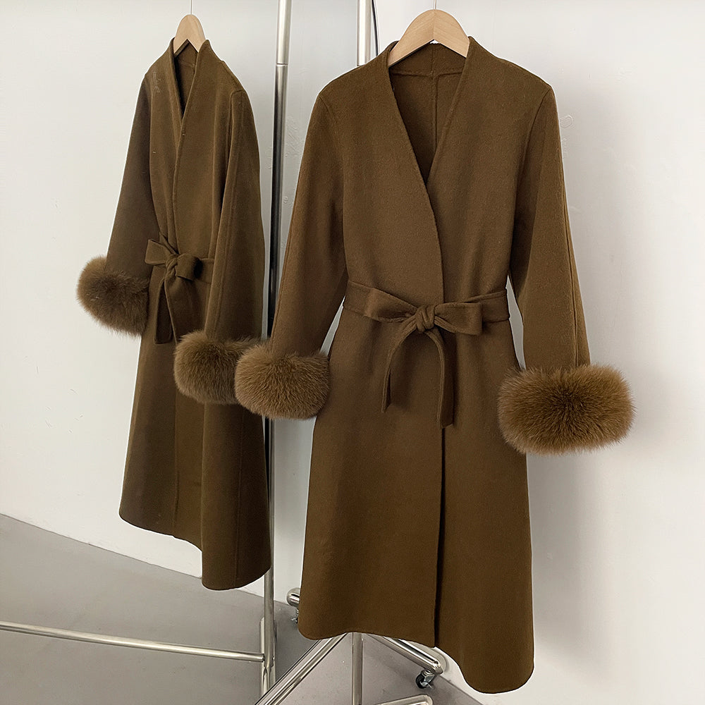 OFTBUY New Women's Double-Faced Wool Coat with Real Fox Fur Cuffs V-Neck Belted Bow Long Warm Winter Elegant Fashion Outerwear