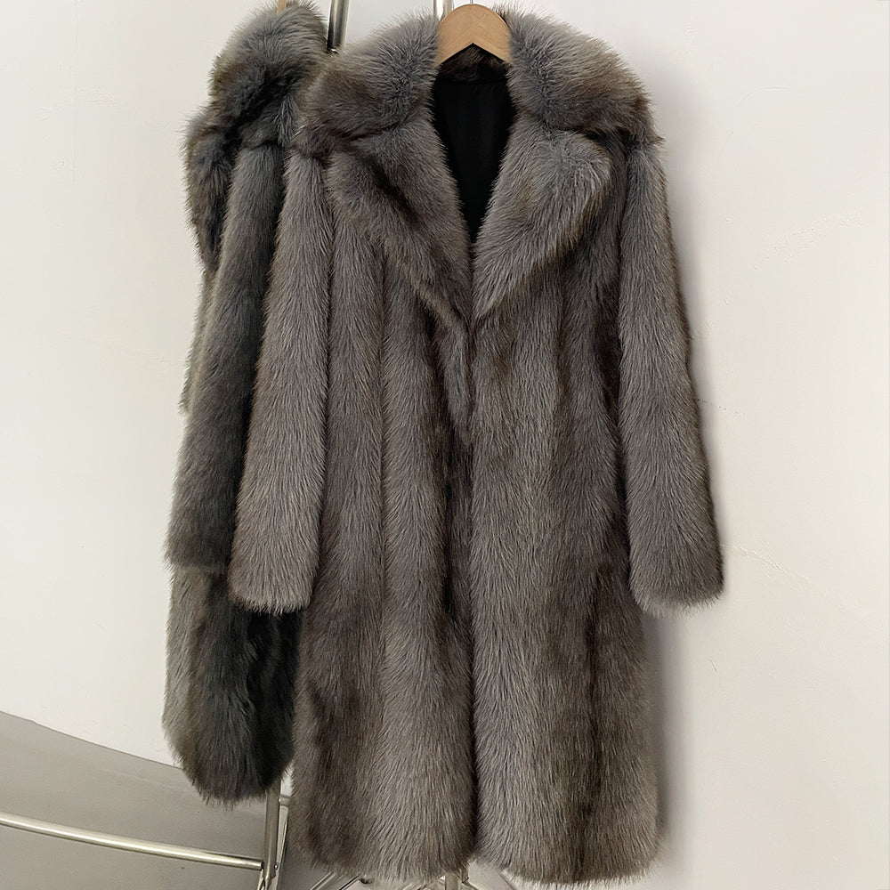 OFTBUY Luxury Long-Line Notch Lapel Faux Fur Coat - Elegant Winter Vegan Fur Overcoat