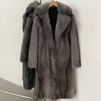 Sleek charcoal dark grey heavy-draping faux fur winter overcoat