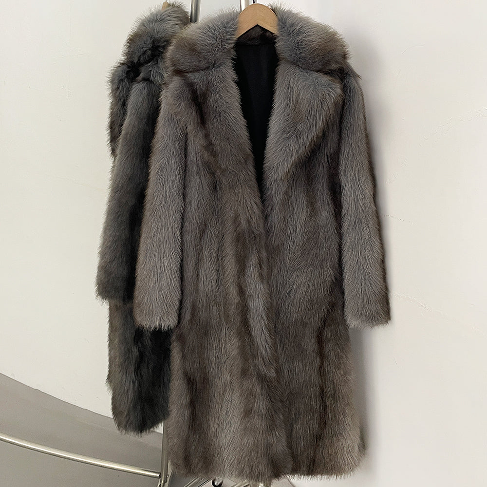 Sleek charcoal dark grey heavy-draping faux fur winter overcoat
