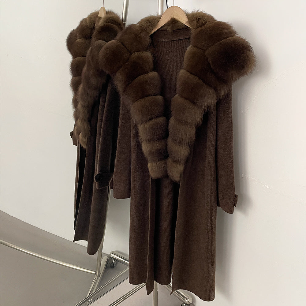 OFTBUY New Autumn Winter Knit Clothing Female Long Big Real Fox Fur Collar Sweater Women Warm Fashion Elegant Cardigan Coat
