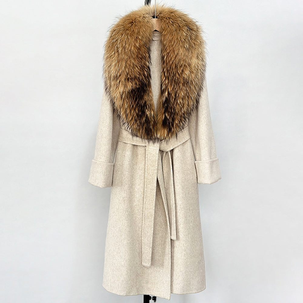 OFTBUY Long Belt 100% Wool Coat with Real Fox Fur Collar Warm Natural Fur Woolen Jacket Female New Autumn Winter Clothing Women