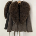 OFTBUY Real Rabbit Fur Lining Belted Winter Luxury Outerwear New Women's Faux Suede Jacket with Real Mongolian Sheep Fur Collar