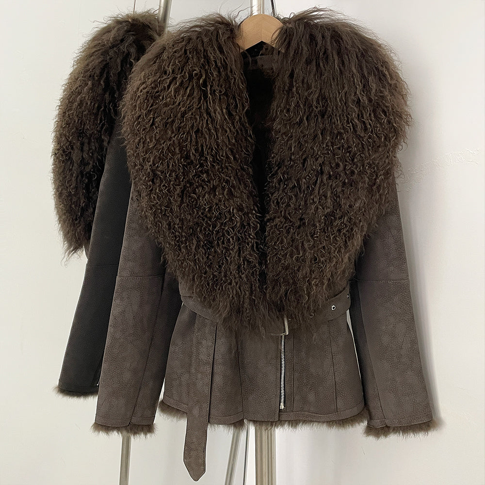 OFTBUY Real Rabbit Fur Lining Belted Winter Luxury Outerwear New Women's Faux Suede Jacket with Real Mongolian Sheep Fur Collar