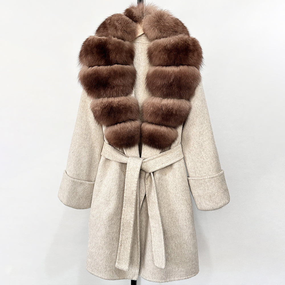 OFTBUY Natural Real Fox Fur Wool Blends Coat Women New Belt Pocket Winter Jacket Female Loose Woolen Outerwear Streetwear