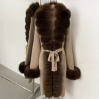 OFTBUY Cardigan Sweater New Women's Knit Long Coat with Full Real Fox Fur Belted Pockets Warm Winter Elegant Fashion Outerwear