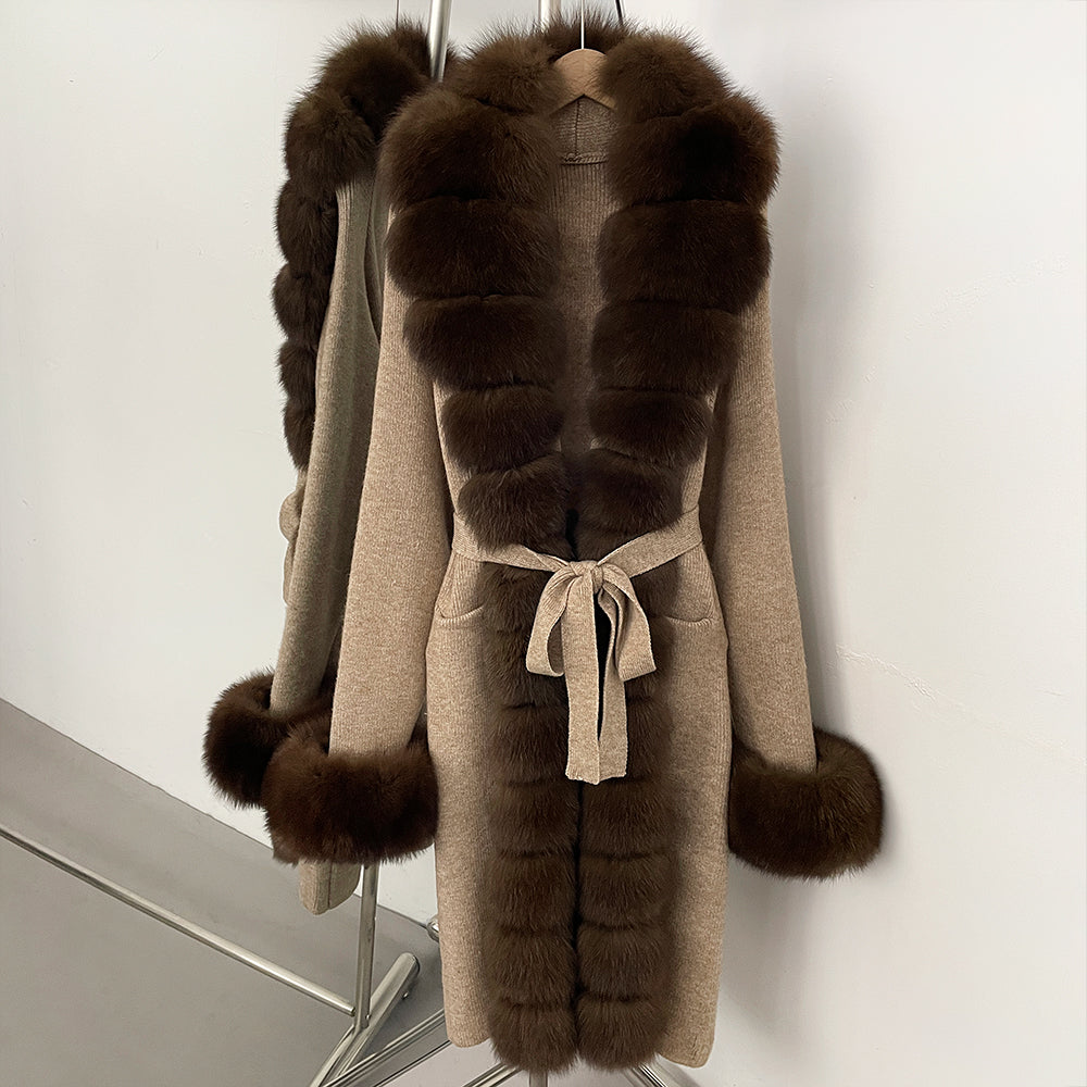 OFTBUY Cardigan Sweater New Women's Knit Long Coat with Full Real Fox Fur Belted Pockets Warm Winter Elegant Fashion Outerwear