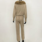 OFTBUY Winter New Women's Knitted Tracksuit Set with Fox Fur Collar Zipper Jacket Wide Leg Pants Luxury Casual Two-Piece Outfit