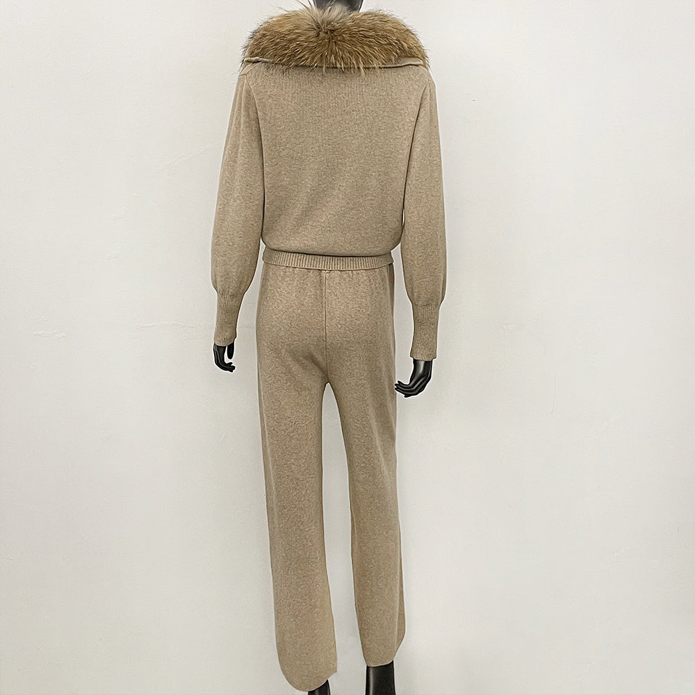 OFTBUY Winter New Women's Knitted Tracksuit Set with Fox Fur Collar Zipper Jacket Wide Leg Pants Luxury Casual Two-Piece Outfit