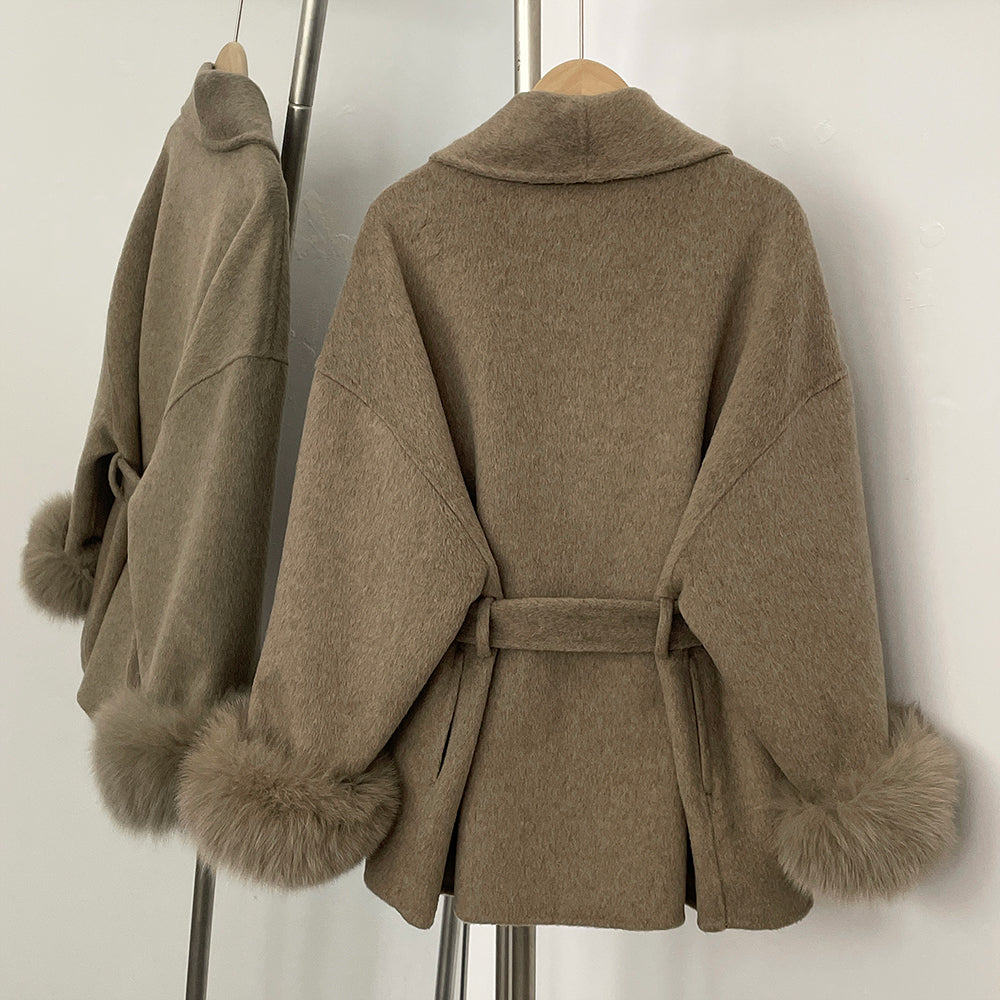 OFTBUY 100% Wool Wrap Belted Short Coat - Wide Shawl Lapel Real Fox Fur Cuff Luxury Double Sided Wool Jacket