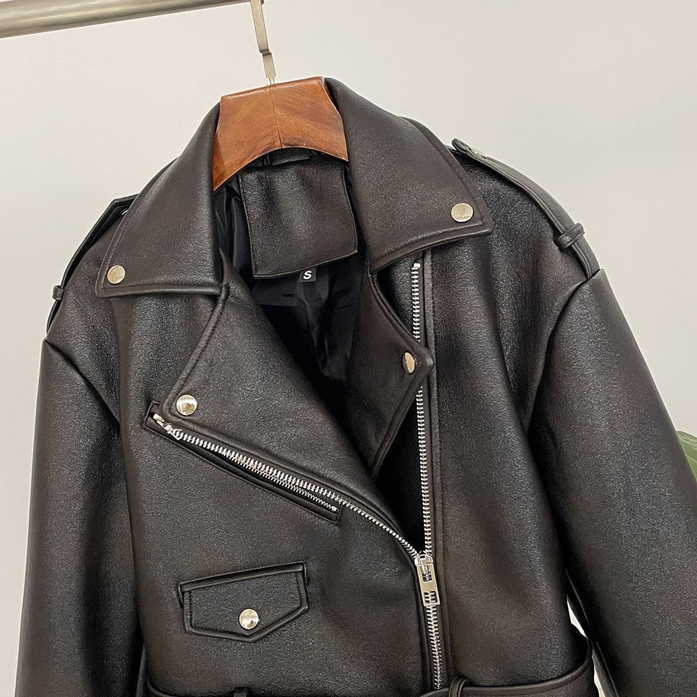 OFTBUY Women's Vintage Black Faux Leather Cropped Moto Jacket Asymmetric Zip PU Biker Coat Female New Autumn Punk Rock Outerwear