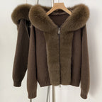 OFTBUY Luxury Viscose Blend Knitted Jacket with Real Fox Fur Hood & Trim - Premium Zip-Up Sweater with Oversized Fur Collar