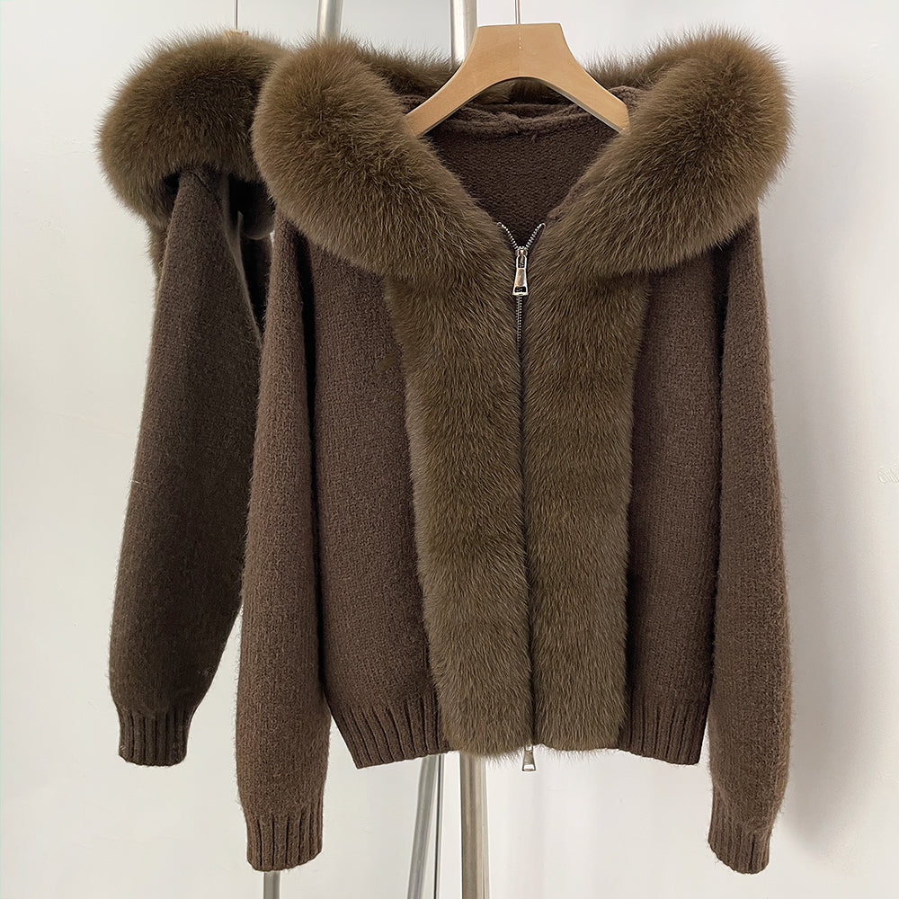 OFTBUY Luxury Viscose Blend Knitted Jacket with Real Fox Fur Hood & Trim - Premium Zip-Up Sweater with Oversized Fur Collar