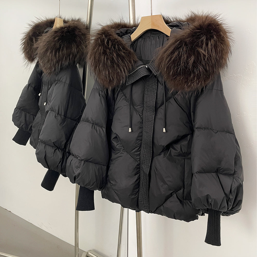 OFTBUY Thicken Warm Knitted Sleeve Coat New Winter Large Real Fur Hooded Puffer Jacket Women White Duck Down Mid Long Parka