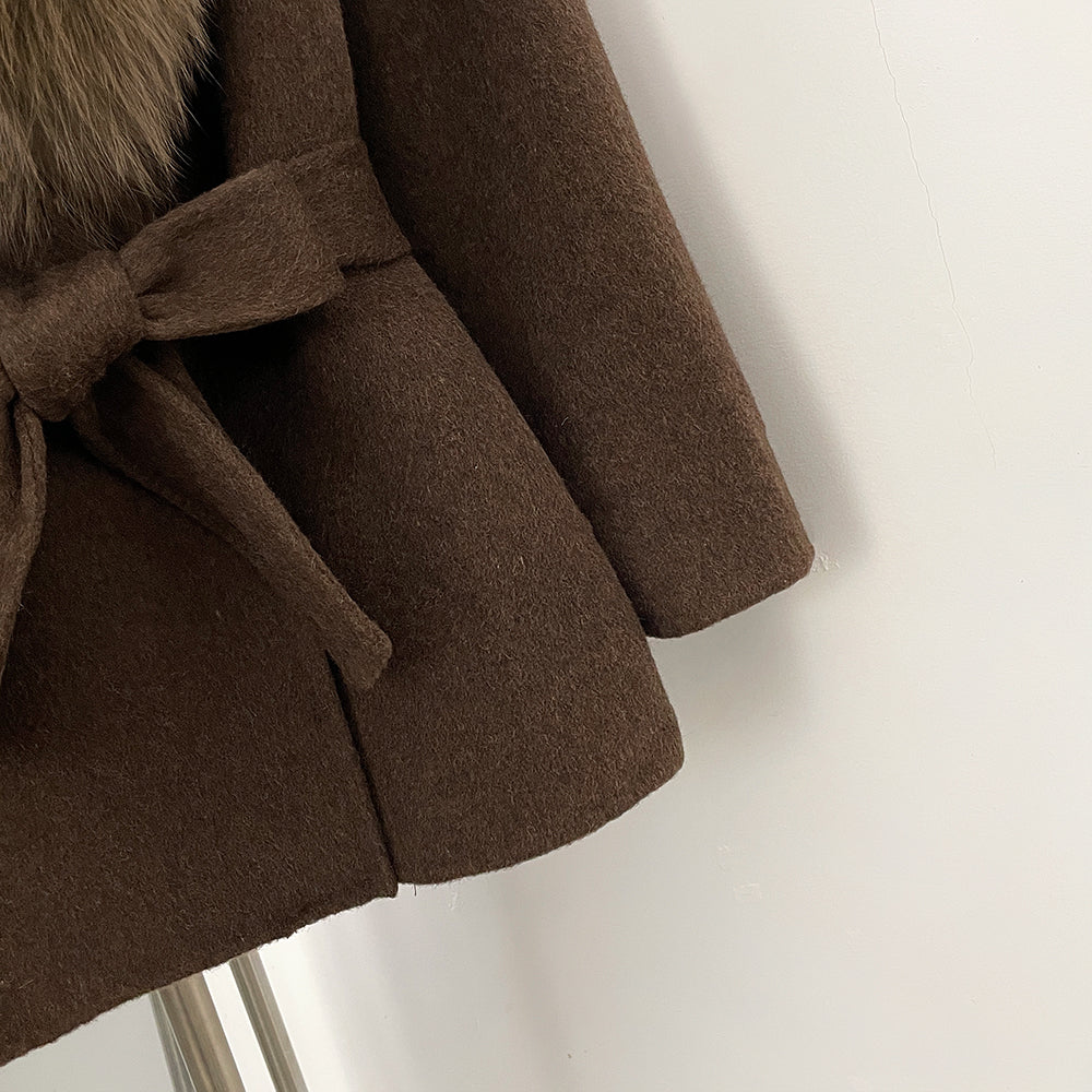 OFTBUY Belted Warm Winter Elegant Fashion Outerwear Lady New Women's Double-Faced Wool Coat with Large Real Fox Fur Collar Cuffs