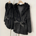 OFTBUY Women's Luxury Black Real Rabbit Fur Hooded Coat with Belt New Warm Winter Fur Jacket Female Outerwear for Cold Weather