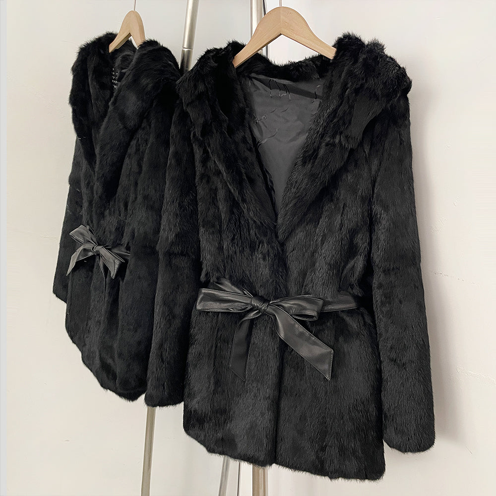 OFTBUY Women's Luxury Black Real Rabbit Fur Hooded Coat with Belt New Warm Winter Fur Jacket Female Outerwear for Cold Weather