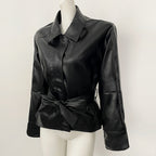OFTBUY New Women's Lapel Collar Button Faux Leather Jacket Belted Waist Tailored Fit Detail Elegant Fashion Outerwear Female