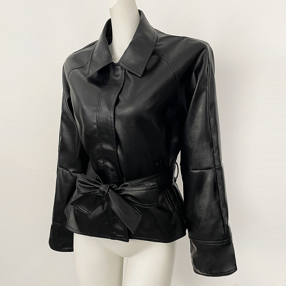 OFTBUY New Women's Lapel Collar Button Faux Leather Jacket Belted Waist Tailored Fit Detail Elegant Fashion Outerwear Female