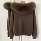 OFTBUY Luxury Viscose Blend Knitted Jacket with Real Fox Fur Hood & Trim - Premium Zip-Up Sweater with Oversized Fur Collar