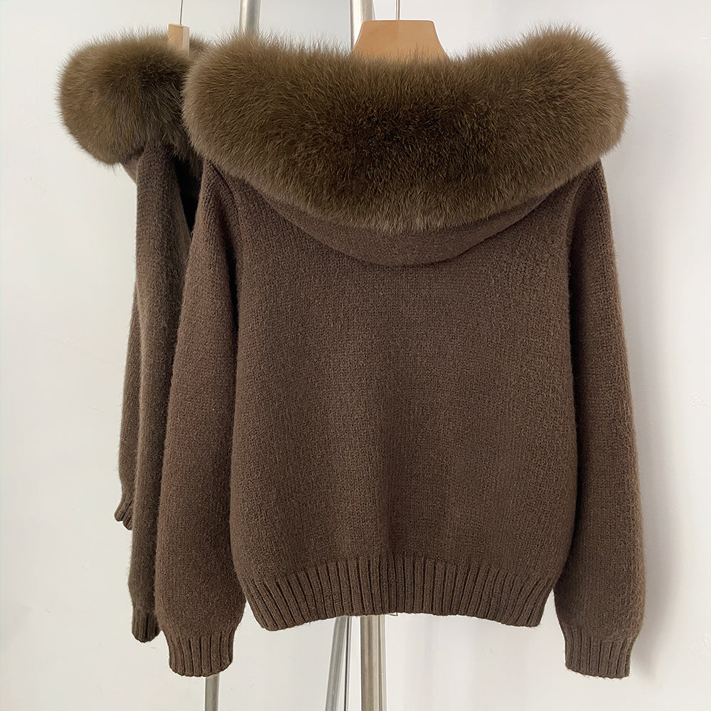 OFTBUY Luxury Viscose Blend Knitted Jacket with Real Fox Fur Hood & Trim - Premium Zip-Up Sweater with Oversized Fur Collar