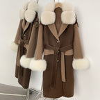OFTBUT New Winter Clothing Women Natural Fox Fur Cashmere double-faced Woolen Jacket Long Single-breasted Belt Wool Coat Female