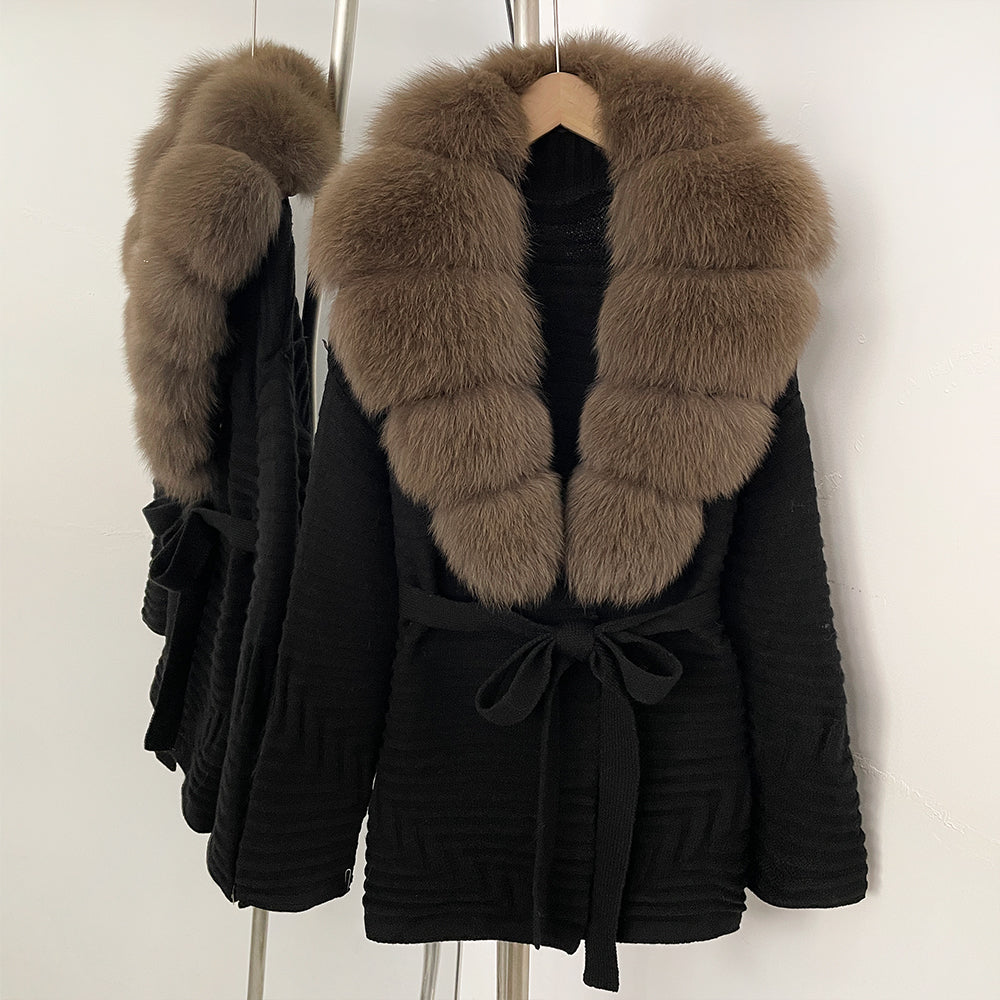 OFTBUY New Women's Knit Coat with Large Real Fox Fur Collar Belted Waist Striped Texture Pockets Winter Luxury Elegant Outerwear