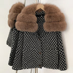 OFTBUY Women's Real Fox Raccoon Fur Collar Houndstooth Knit Cardigan Warm Winter Sweater Coat Female Luxury Elegant Outerwear