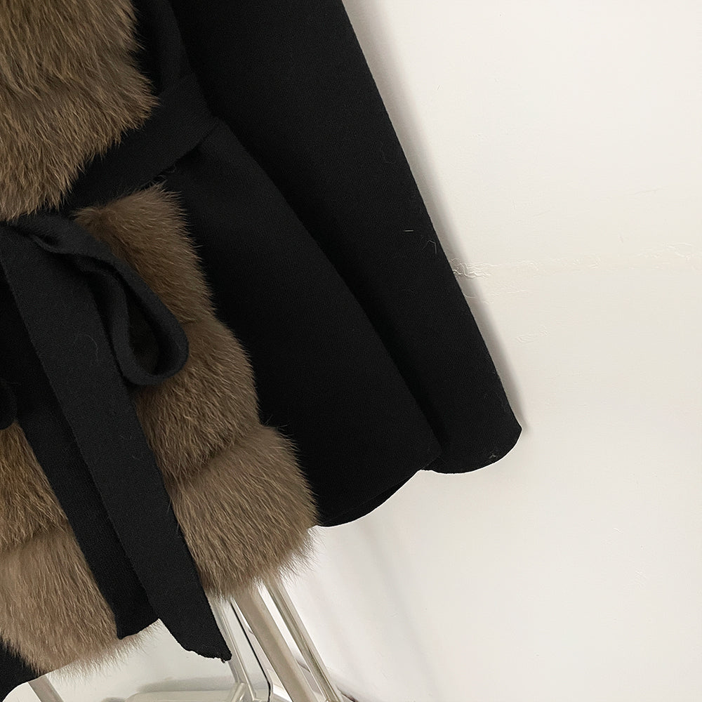 OFTBUY New Women's Knit Cardigan with Oversized Real Fox Fur Trim Self-Tie Belt Sweater Luxury Warm Winter Fashion Outerwear