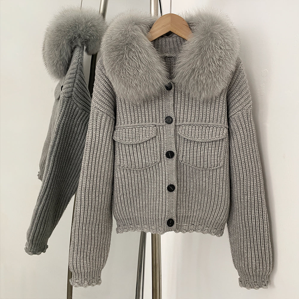 OFTBUY Short Natural Fox Fur Collar Knitted Sweater Coat FemaleReal Fur Clothing New Autumn Winter Knitting Cardigan Women