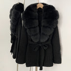 OFTBUY New Women's Knit Coat with Large Real Fox Fur Collar Belted Waist Striped Texture Pockets Winter Luxury Elegant Outerwear
