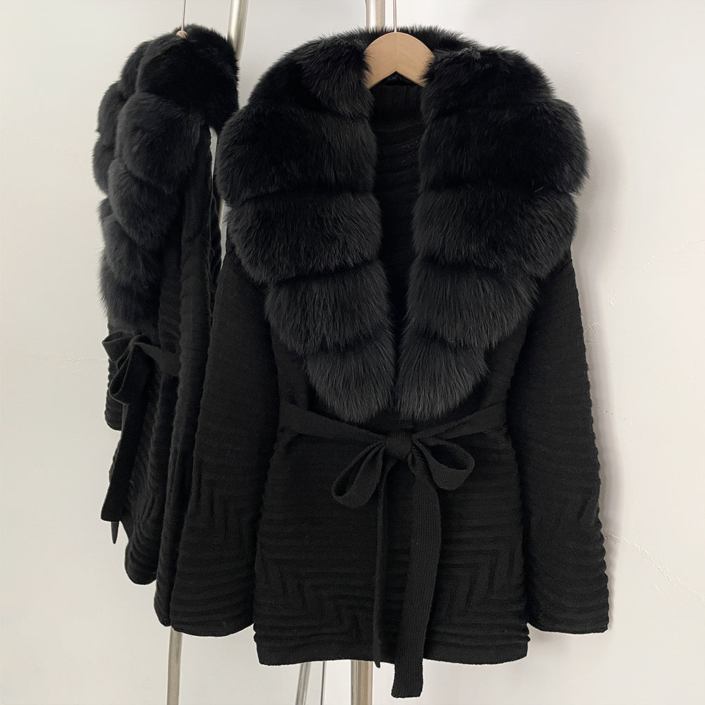 OFTBUY New Women's Knit Coat with Large Real Fox Fur Collar Belted Waist Striped Texture Pockets Winter Luxury Elegant Outerwear