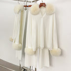 OFTBUY New Autumn Winter Clothing Women Fashion Real Fox Fur Collar Sweater Suit Female Raccoon Fur Pullovers Trousers Set Lady