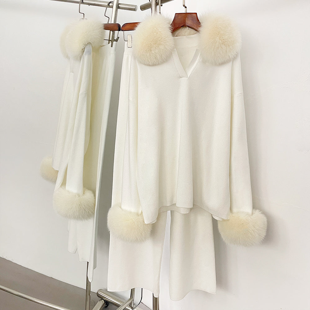 OFTBUY New Autumn Winter Clothing Women Fashion Real Fox Fur Collar Sweater Suit Female Raccoon Fur Pullovers Trousers Set Lady