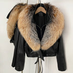 OFTBUY Women's Black Faux Leather Moto Jacket with Real Fox Fur Collar PU Leather Cropped Biker Coat Female New Winter Outerwear