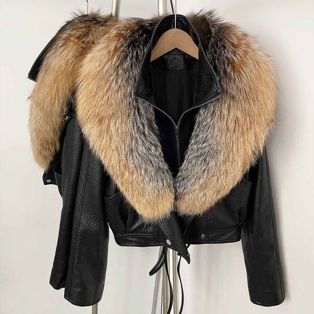 OFTBUY Women's Black Faux Leather Moto Jacket with Real Fox Fur Collar PU Leather Cropped Biker Coat Female New Winter Outerwear