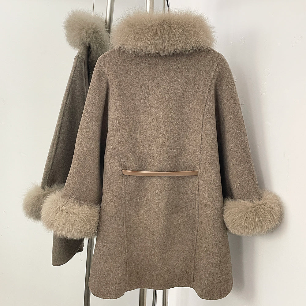 OFTBUY Belt Loose Cloak Natural Fur Woolen Jacket Real Fox Fur Collar and Cuffs Wool Coat Female New Autumn Winter Clothes Lady
