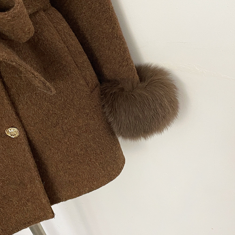 OFTBUY Gold Buttons Belted Bow Warm Winter Elegant Fashion Outerwear New Women's Double Face Wool Coat with Real Fox Fur Cuffs