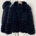 Full view of luxury navy blue tiered real fox fur jacket side A